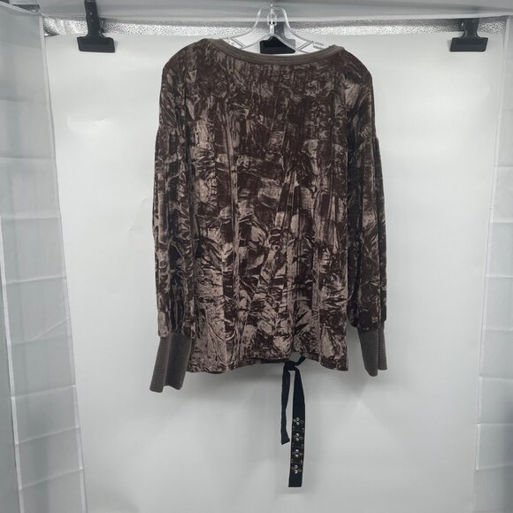 Mystree Womens Velour Pullover Top Tie Hem Long Sleeve Rhinestone Brown/Multi S - Picture 7 of 9